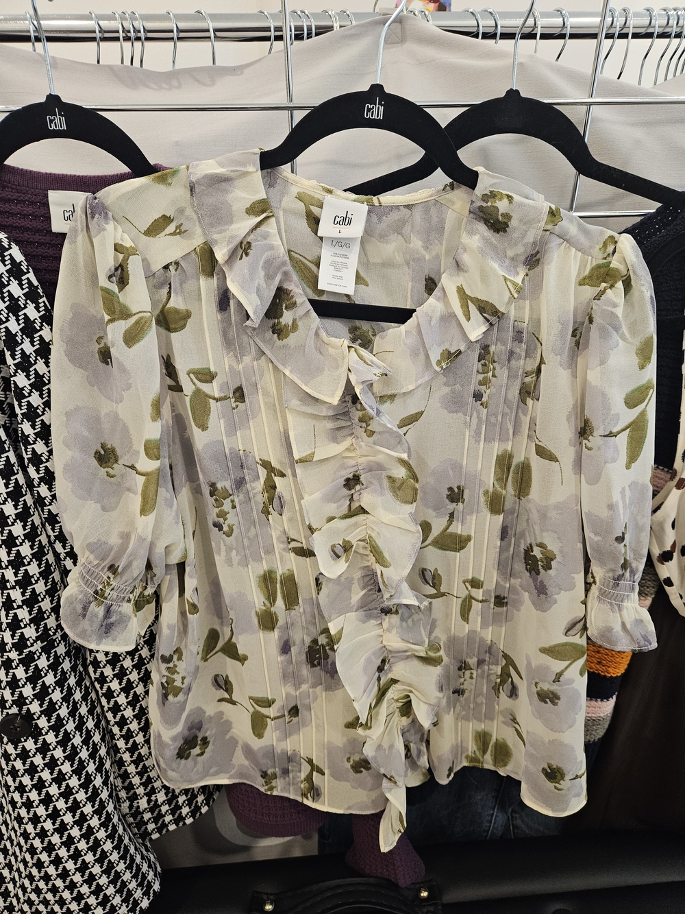 CAbi Sheer Floral Ruffle Blouse in Ivory and Olive